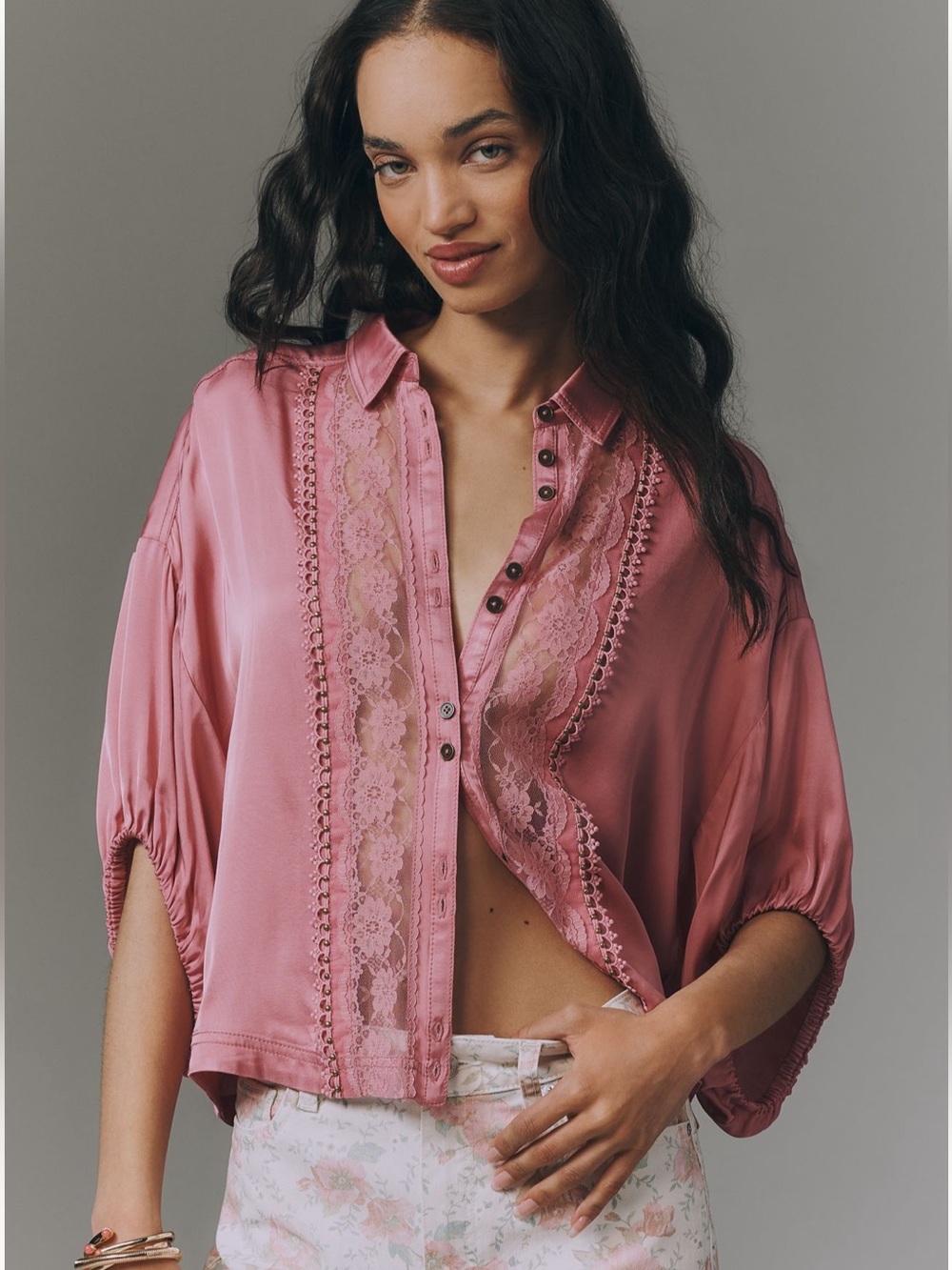 NWT Anthropologie Pilcro Mauve Pink Lace Button Blouse Top M